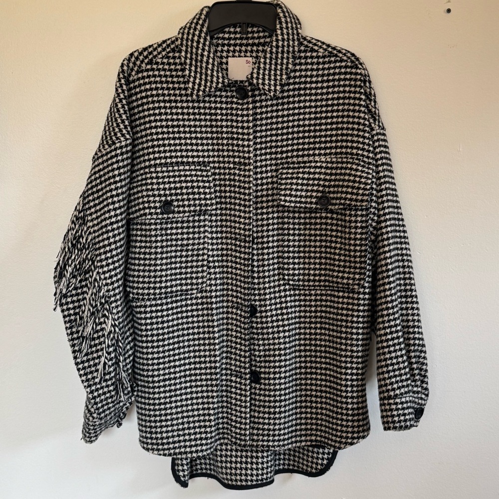 SO Black and White Houndstooth Button-Up Fringe Jacket